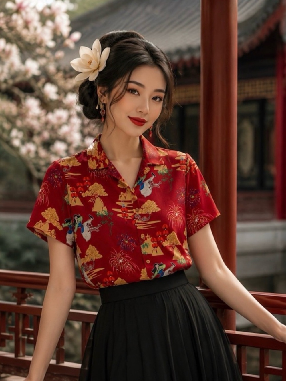 Disney Princess Mulan Fireworks Red Scenic Woven Button-Up
